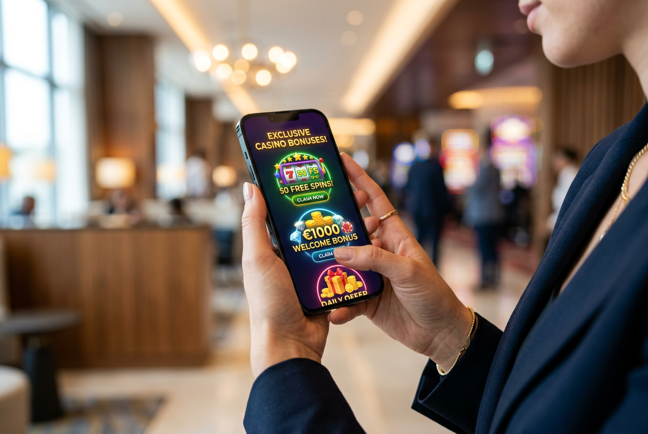 A person using a smartphone to compare online casino bonuses.