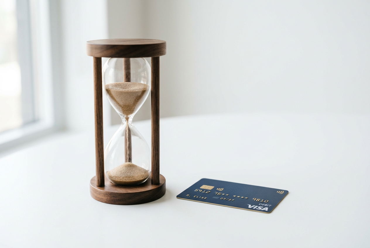 An hourglass and a credit card on a desk symbolizing time and budget management.