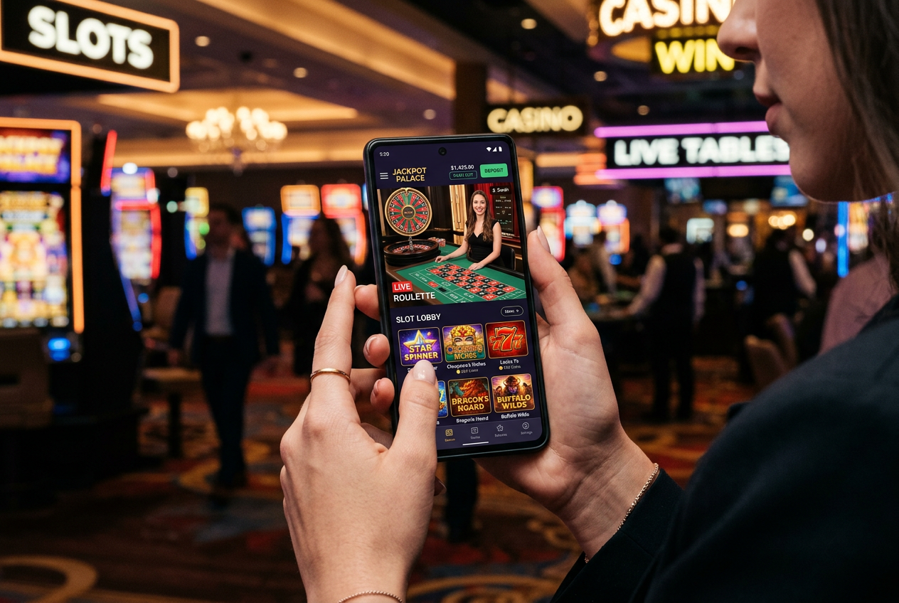Modern smartphone displaying various casino games on screen